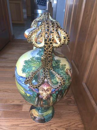 Large Antiique Italian Renaissance Style Majolica Serpent Handled Vase 3