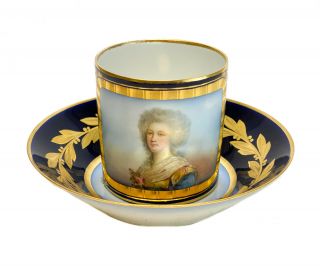 Sevres France Hand Painted Porcelain Cup & Saucers,  Madame Elisabeth,  19th Cent.