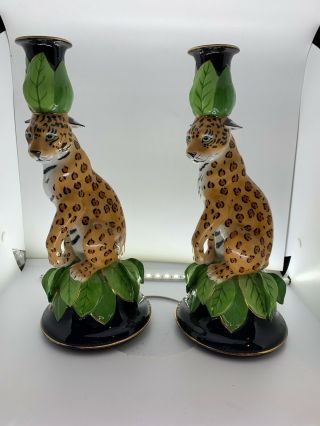 Retired Pr Lynn Chase Jaguar Jungle Painted Porcelain Animal Candleholders Mag