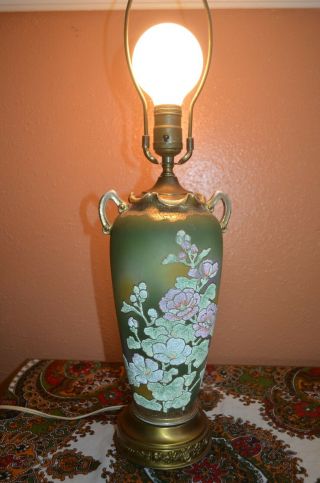 Gorgeous Large Nippon Coralene 24 " Lamp 11 " Porcelain Vase Floral Motif