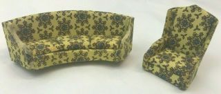 Vintage Dollhouse Furniture Curved Sofa Couch & Chair Yellow Floral Living Room