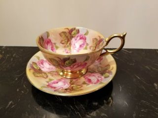 Rare Aynsley Cabbage Rose Teacup Saucer Tea Cup Pink Roses Gold& Peach Colors
