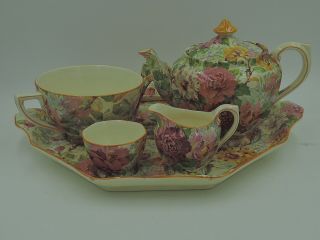 Rare Vintage Crown Ducal Chintz Pink Peony Breakfast Set Tea For One