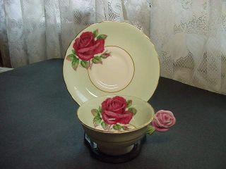 Rare Paragon Green W/ Red Rose & Pink Rose Handle Cup & Saucer Double Warrant