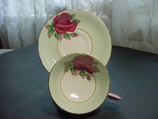 RARE PARAGON GREEN W/ RED ROSE & PINK ROSE HANDLE CUP & SAUCER DOUBLE WARRANT 2