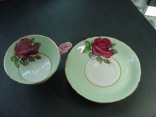 RARE PARAGON GREEN W/ RED ROSE & PINK ROSE HANDLE CUP & SAUCER DOUBLE WARRANT 3