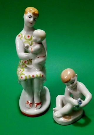 Rare Lfz Lomonosov Figurines " Mother And Child " & " Boy With A Fish " C1950 - 1960