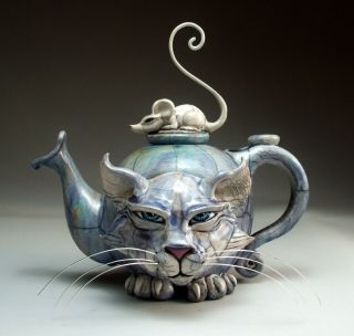 Blue Cat & Mouse Teapot Folk Art Pottery By Face Jug Maker Mitchell Grafton