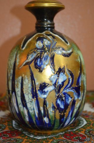 Vintage Rstk Turn Teplitz Amphora Vase Cobalt Blue & Raised Gold Iris Flowers