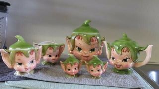 Pristine Collectible Lefton Pixie Elf Tea Set,  Salt & Pepper Shakers,  Cookie Jar