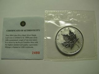 2004 Sp $5 1oz.  9999 Silver Maple Leaf Sml Zodiac 7 - Libra Privy Mark Canada