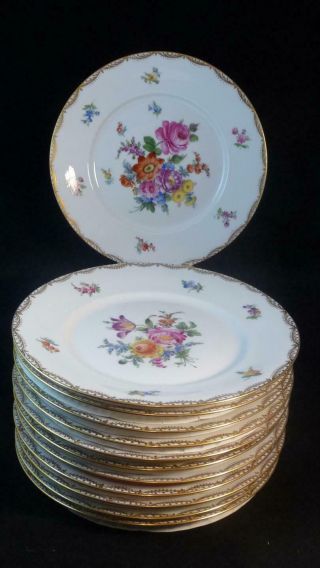 Qty 12 Ambrosius Lamm Dresden Hand Painted Floral 10 " Dinner Plates C1930 
