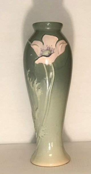 Owens Pottery Rare Carved Lotus Vase With Poppy Frank Ferrell