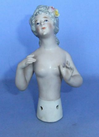 Outstanding Large Unmarked Nude Half Doll With Arms Away And Roses In Hair