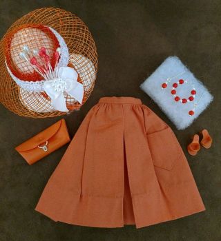 Vintage Barbie Orange Full Pak Skirt Purse,  Japan Heels,  Jewelry & Hat