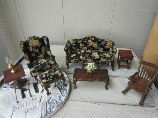 Dollhouse Miniature Walnut Queen Ann Sofa Wing Back Chair Rocker & Table Set