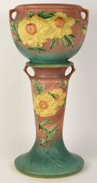 Roseville Pottery Pink Peony Jardiniere And Pedestal Shape Number 661 - 8 "