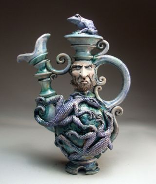 Lizard Frog Teapot Face Jug Folk Art Pottery Sculpture By Mitchell Grafton
