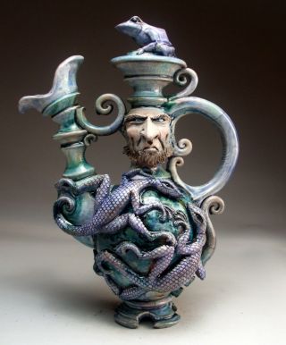 Lizard Frog Teapot face jug folk art pottery sculpture by Mitchell Grafton 2