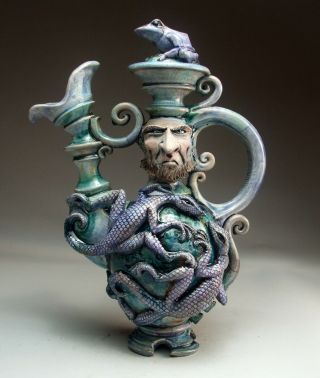 Lizard Frog Teapot face jug folk art pottery sculpture by Mitchell Grafton 3