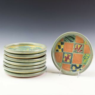 Set 8 Rare Ts T.  S.  Post California American Studio Art Pottery 8 3/4 " Plates Mab