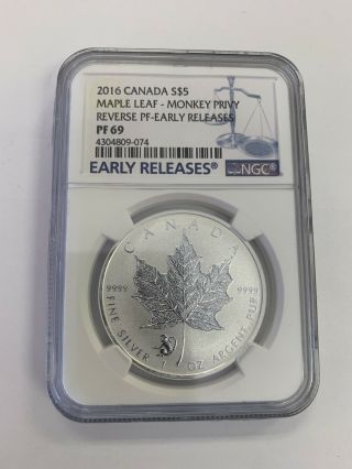 2016 Canada $5 Maple Leaf Monkey Privy 1 Oz.  Silver Ngc Reverse Proof 69 Early