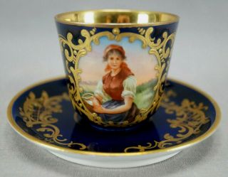 Royal Vienna Style Hand Painted Heiderose Portrait Cobalt & Gold Demitasse Cup