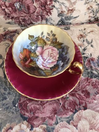 Aynsley Tea Cup & Saucer J A Bailey Cabbage Rose Floral Burgundy Gold Signed