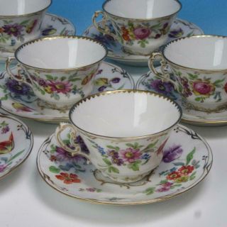 Dresden China - Richard Klemm Floral - 6 Porcelain Cups And Saucers