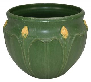 Ephraim Faience Pottery 2002 Matte Green Yellow Bud Ceramic Jardiniere 718