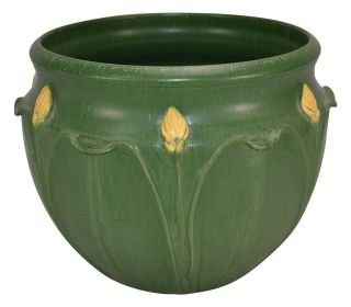 Ephraim Faience Pottery 2002 Matte Green Yellow Bud Ceramic Jardiniere 718 2
