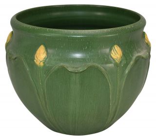 Ephraim Faience Pottery 2002 Matte Green Yellow Bud Ceramic Jardiniere 718 3