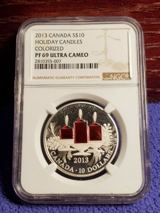 2013 Canada $10 Holiday Candles Colorized 1/2 Oz.  9999 Silver Ngc Proof 69 Ultra