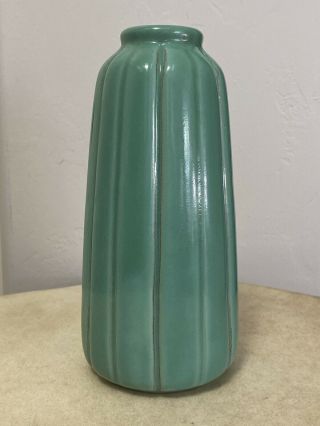 California Faience Teal Green Glazed Ribbed Vase Pottery Rare
