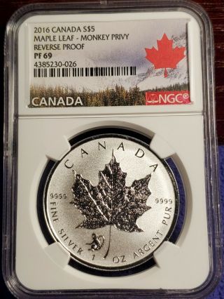 2016 Canada $5 Maple Leaf Monkey Privy 1 Oz.  Silver Ngc Reverse Proof 69