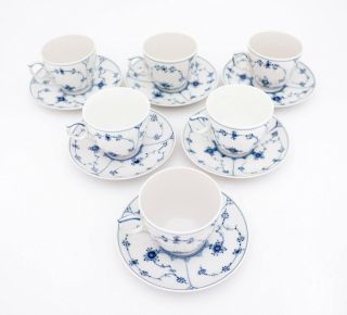 6 Large Teacups & Saucers 78 - Blue Fluted Royal Copenhagen - Half Lace