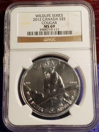 2012 Canada $5 Cougar 1 Ounce.  999 Silver Coin Ngc Ms 69
