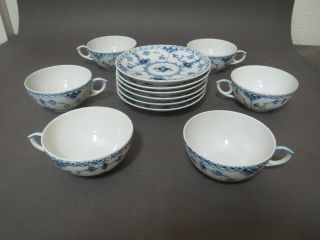 6 Tea Cups & Dishes Royal Copenhagen Blue Fluted 525 Denmark 1st Qlity Half Lace