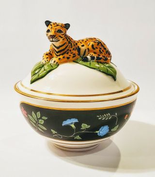 Lynn Chase Designs Jaguar Jungle Covered Serving Soup Bowl Figural Lid 2005 Rare