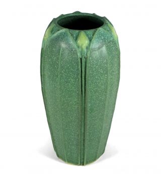 8 1/2 " Jemerick Arts & Crafts Style Studio Pottery Vase Matte Green Yellow Buds