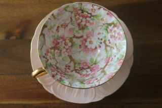 Shelley Maytime Chintz Oleander Shape Tea Cup teacup saucer Pink 2