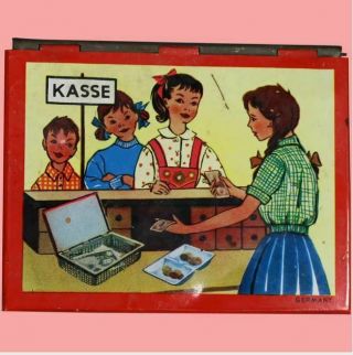 Vintage Tin Litho German Toy Kasse Cash Box W Money