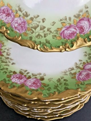 Set 9 Antique Tv Limoges Pink Green Large Roses Hand Painted Gold Plates 8.  25 "