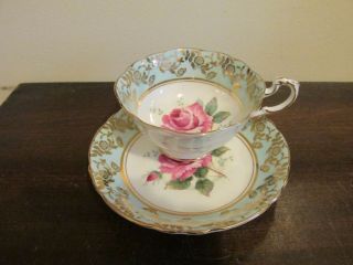Vintage Paragon England Tea Cup And Saucer Large Cabbage Rose Light Green Gold