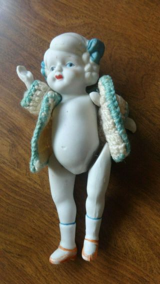 Antique All Bisque Japan Doll Fully Jointed Hand Painted 8 1/2 " Orig Sweater