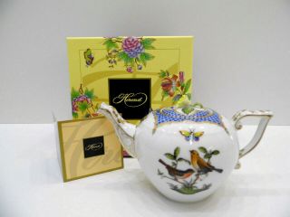 Herend Rothschild Bird Blue Border Small Teapot,  4inches High,  Boxed
