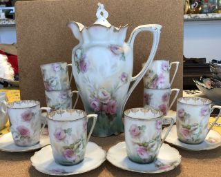 Rs Prussia Roses Floral Chocolate Pot Set 8 Cup & Saucers