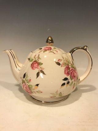 Vintage Sadler Teapot Cabbage Pink Rose Gold Leaves And Trim England