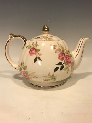 Vintage Sadler Teapot Cabbage Pink Rose Gold Leaves And Trim England 3