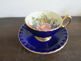 Aynsley England Tea Cup And Saucer Roses Gold Cobalt Blue Signed J A Bailey